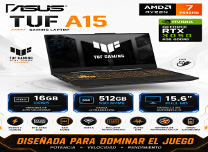 LAPTOP GAMING ASUS TUF A15, 15.6" FHD IPS, RYZEN 7 7445HS 3.2/4.7 GHZ, 16GB DDR5, 512GB M.2