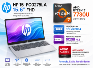 LAPTOP HP 15-FC0275LA, 15.6 FHD, AMD RYZEN 7 7730U 2.0 / 4.5GHZ, 16GB DDR4, 512GB M.2