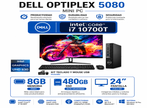 MINI PC DELL OPTIPLEX 3080 PROCESADOR INTEL  CORE I7-10700T 2.0GHZ, 8GB RAM, 480GB, KIT TECLADO Y MOUSE, MONITOR DE 24