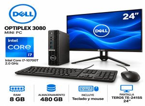 MINI PC DELL OPTIPLEX 3080 PROCESADOR INTEL  CORE I7-10700T 2.0GHZ, 8GB RAM, 480GB, KIT TECLADO Y MOUSE, MONITOR DE 24