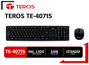 KIT TECLADO Y MOUSE TEROS TE-4071S, INALÁMBRICO, 2.4 GHZ, ACABADO ELEGANTE, NEGRO, ESPAÑOL