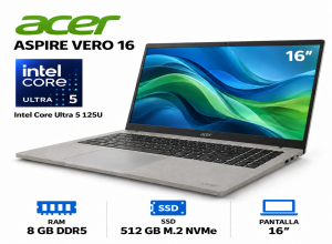 LAPTOP ACER ASPIRE VERO 16, ULTRA 5 125U, 8GB DDR4, 512GB M.2 NVME, PANTALLA 15.6