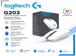 MOUSE GAMER LOGITECH G203 RGB LIGHTSYNC 8000 DPI  WHITE USB (910-005791)