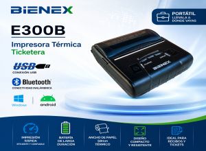 IMPRESORA TICKETERA TERMICA PORTATIL BIENEX E300B DE 80MM USB BLUETOOTH