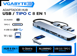 ADAPTADOR USB HUB 8 EN 1 LECTOR DE TF-SD/ TIPO C/ AUDIO 3.5