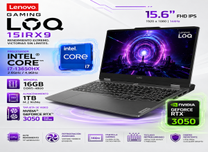 LAPTOP LENOVO GAMING LOQ 15IRX9 15.6 FHD IPS, CORE I7-13650HX 2.6/4.9GHZ 12GB DDR5-4800MHZ, SSD NVME PCI 1TB, TARJETA DE VIDEO RTX 3050 6GB NVIDIA